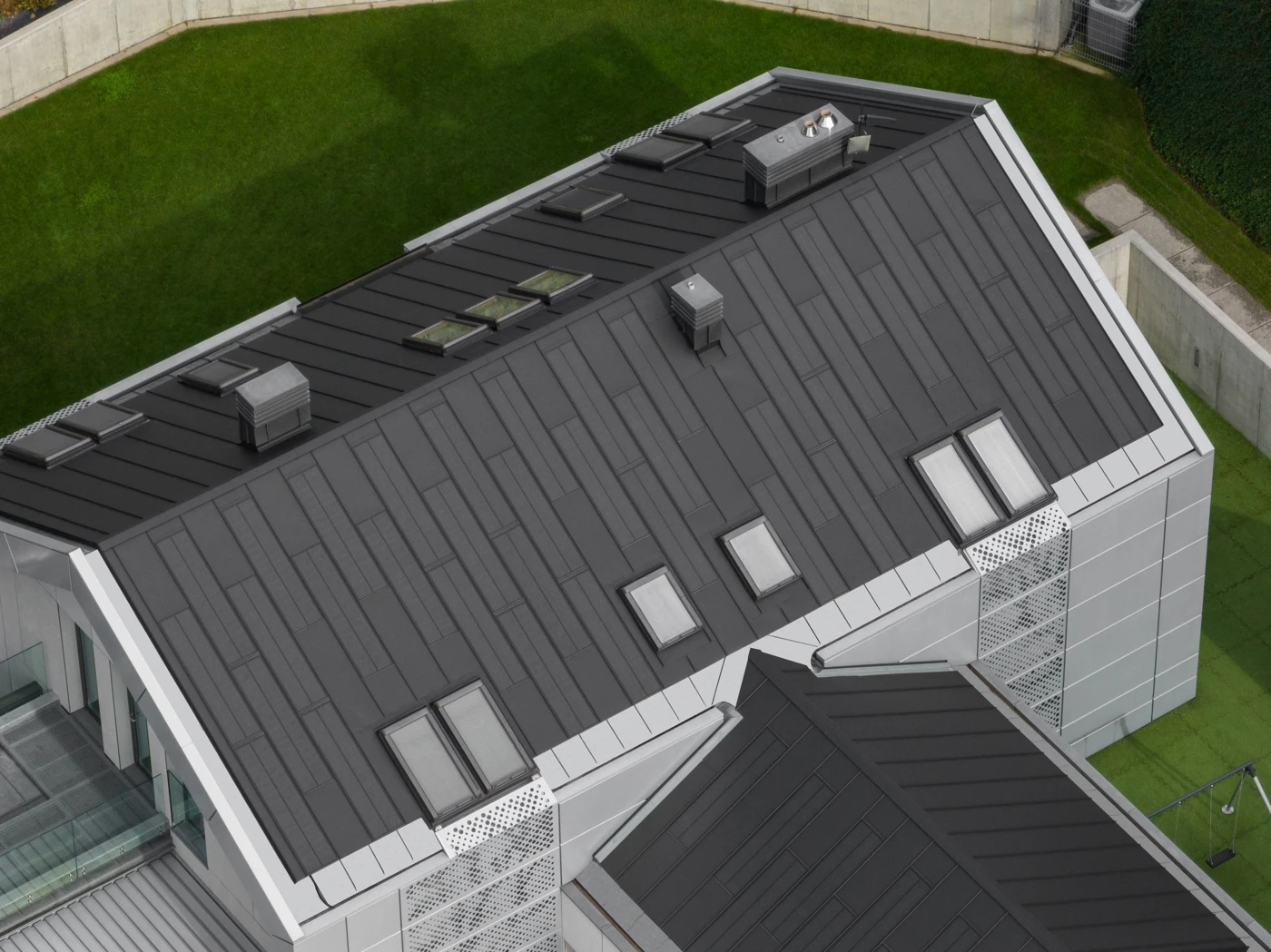 Aerial photograph of a completed black integrated solar roof in Kraków, Poland